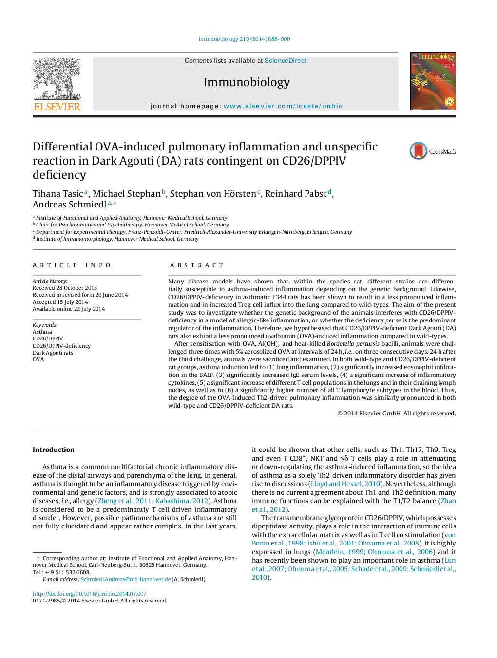 عکس صفحه اول مقاله: Differential OVA-induced pulmonary inflammation and unspecific reaction in Dark Agouti (DA) rats contingent on CD26/DPPIV deficiency Differential OVA-induced pulmonary inflammation and unspecific reaction in Dark Agouti (DA) rats contingent on CD26/DPPIV deficiency