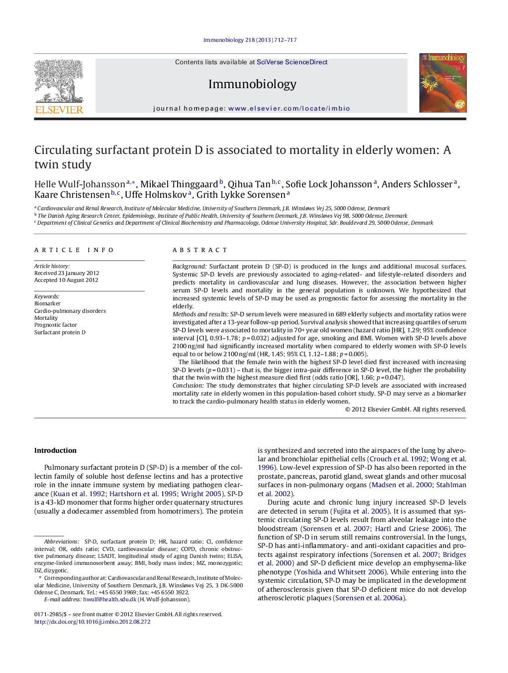 عکس صفحه اول مقاله: Circulating surfactant protein D is associated to mortality in elderly women: A twin study Circulating surfactant protein D is associated to mortality in elderly women: A twin study