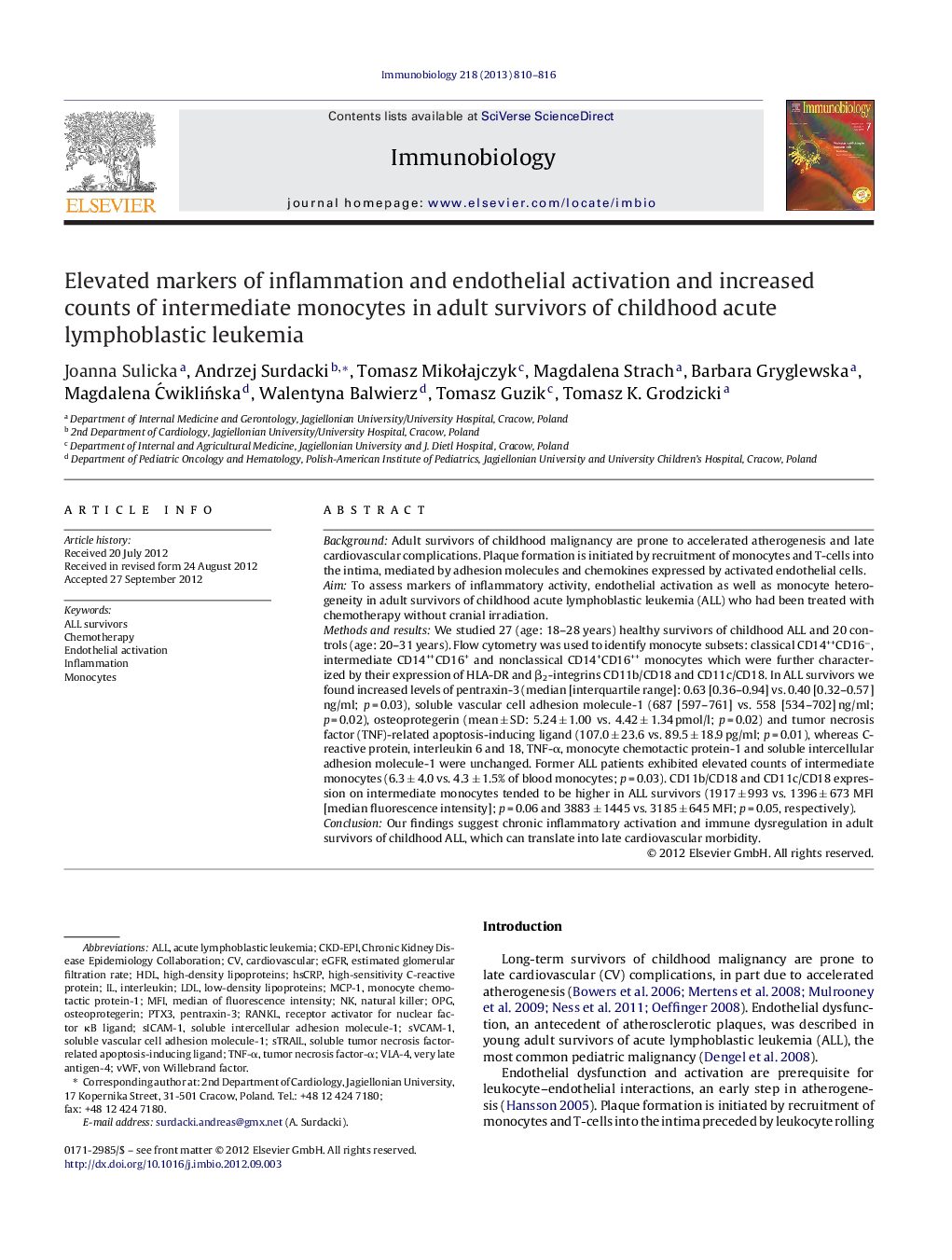 Elevated markers of inflammation and endothelial activation and increased counts of intermediate monocytes in adult survivors of childhood acute lymphoblastic leukemia