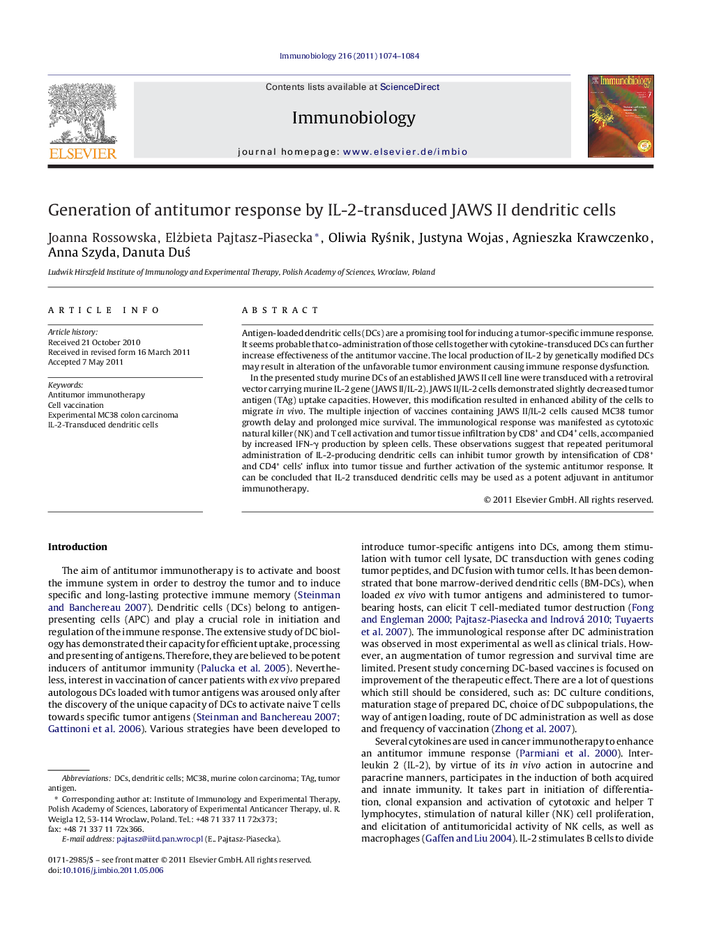 Generation of antitumor response by IL-2-transduced JAWS II dendritic cells