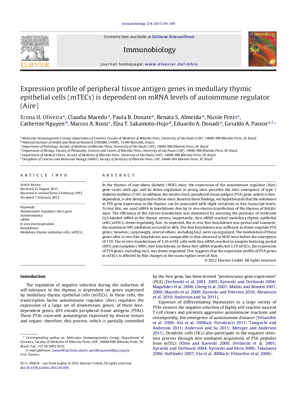 Expression profile of peripheral tissue antigen genes in medullary thymic epithelial cells (mTECs) is dependent on mRNA levels of autoimmune regulator (Aire)