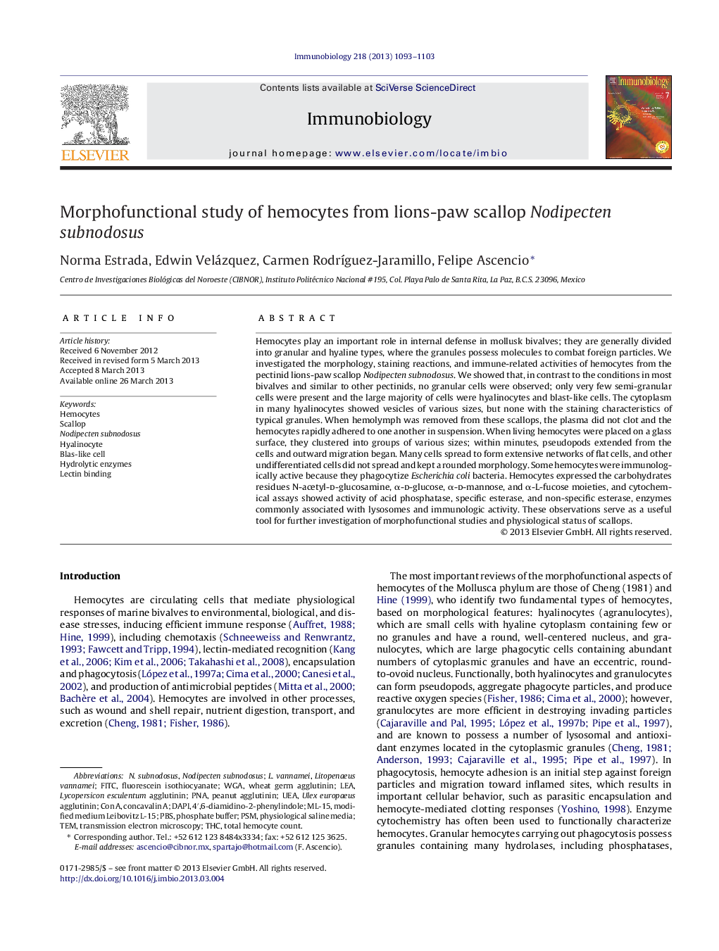 Morphofunctional study of hemocytes from lions-paw scallop Nodipecten subnodosus