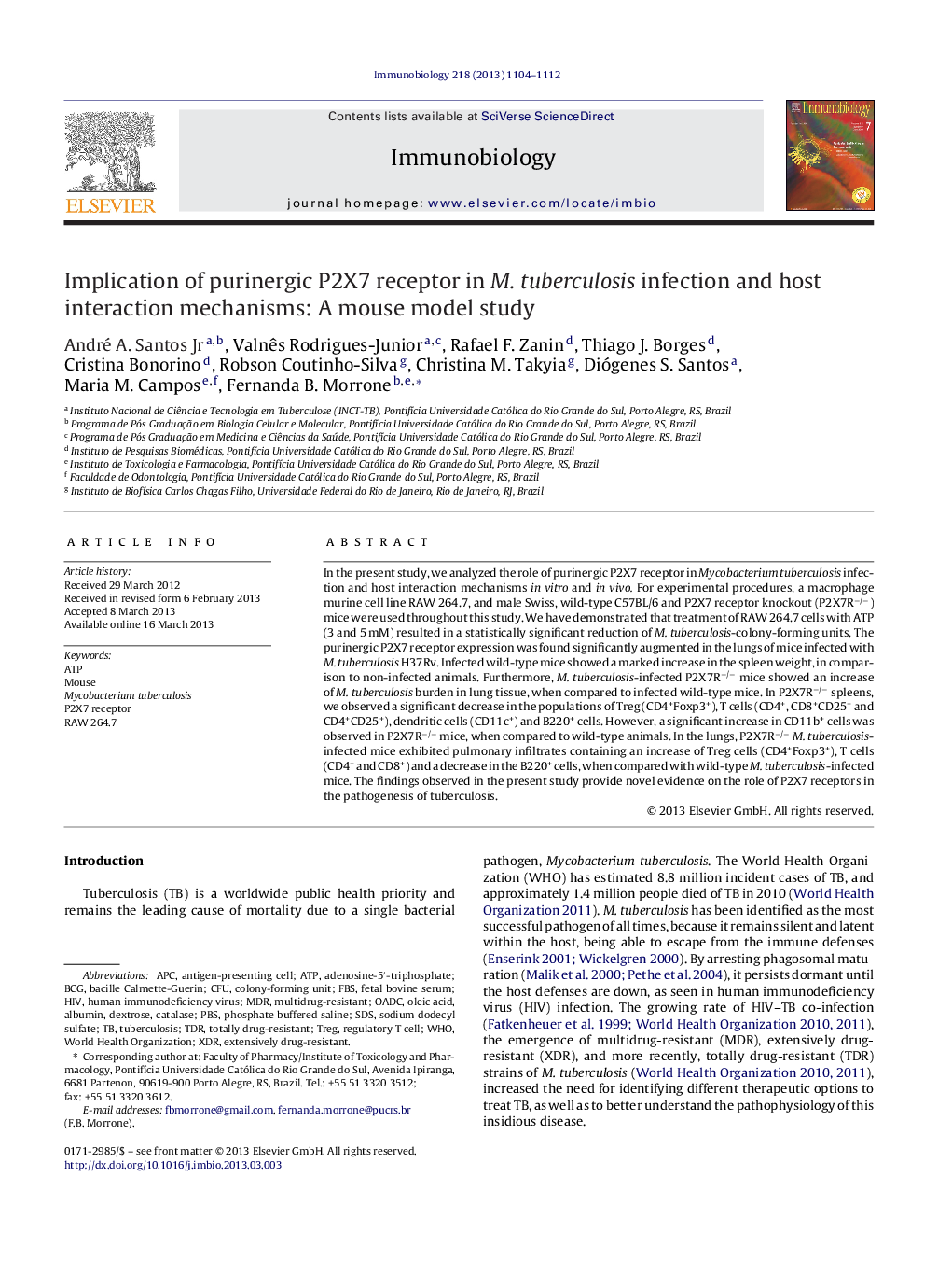 Implication of purinergic P2X7 receptor in M. tuberculosis infection and host interaction mechanisms: A mouse model study