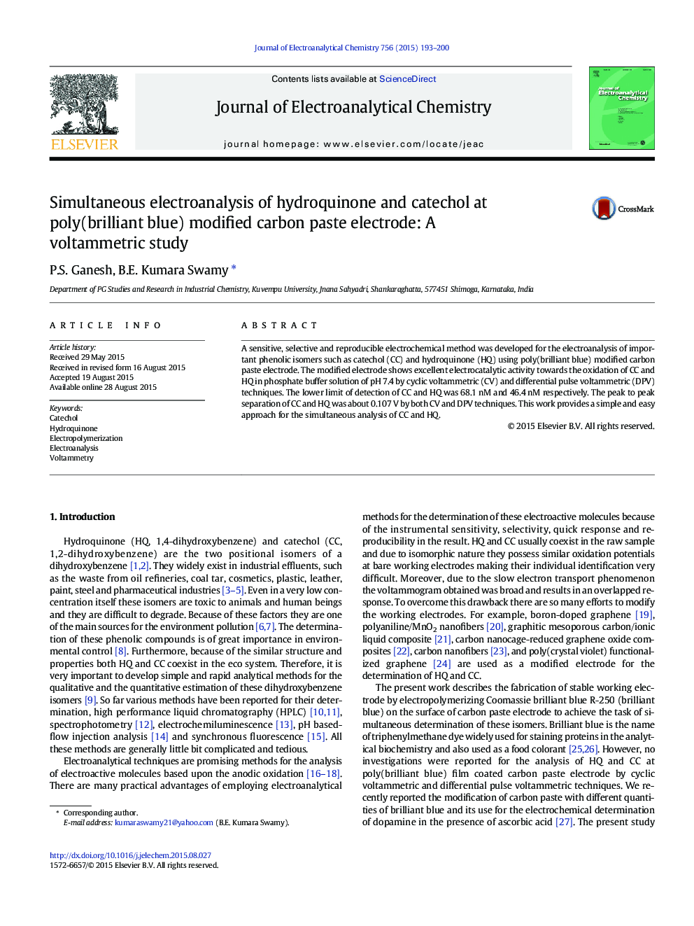 Simultaneous electroanalysis of hydroquinone and catechol at poly(brilliant blue) modified carbon paste electrode: A voltammetric study