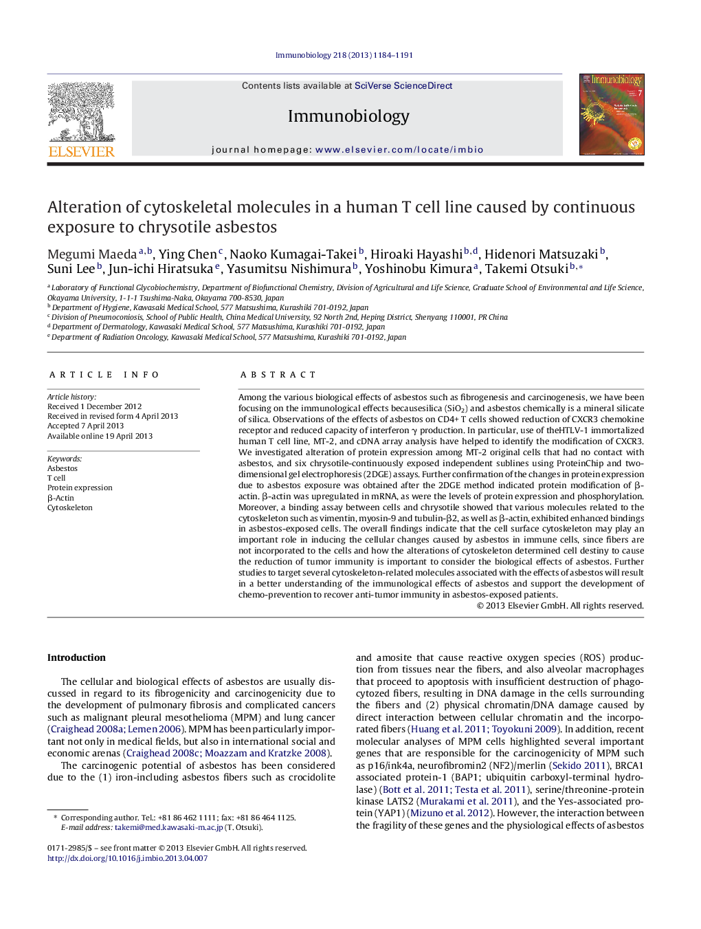 Alteration of cytoskeletal molecules in a human T cell line caused by continuous exposure to chrysotile asbestos