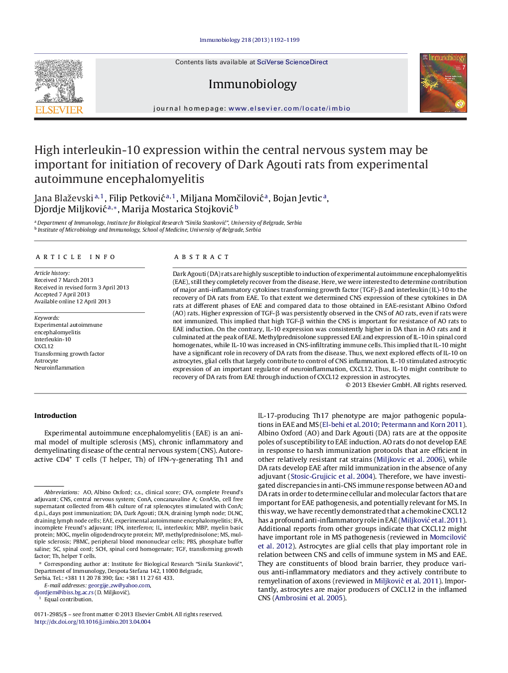 High interleukin-10 expression within the central nervous system may be important for initiation of recovery of Dark Agouti rats from experimental autoimmune encephalomyelitis