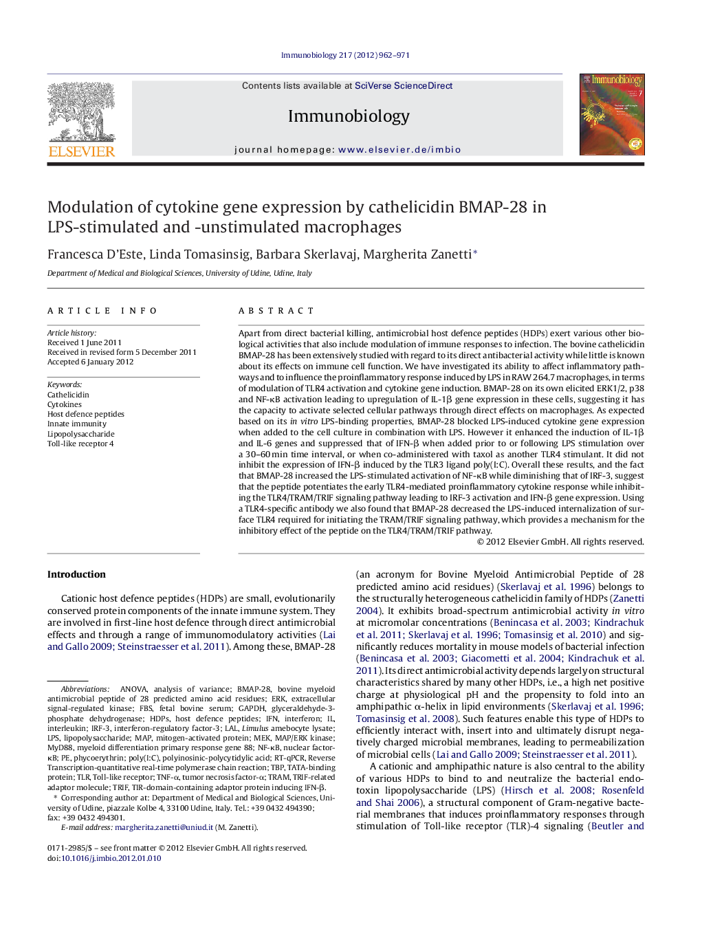 Modulation of cytokine gene expression by cathelicidin BMAP-28 in LPS-stimulated and -unstimulated macrophages