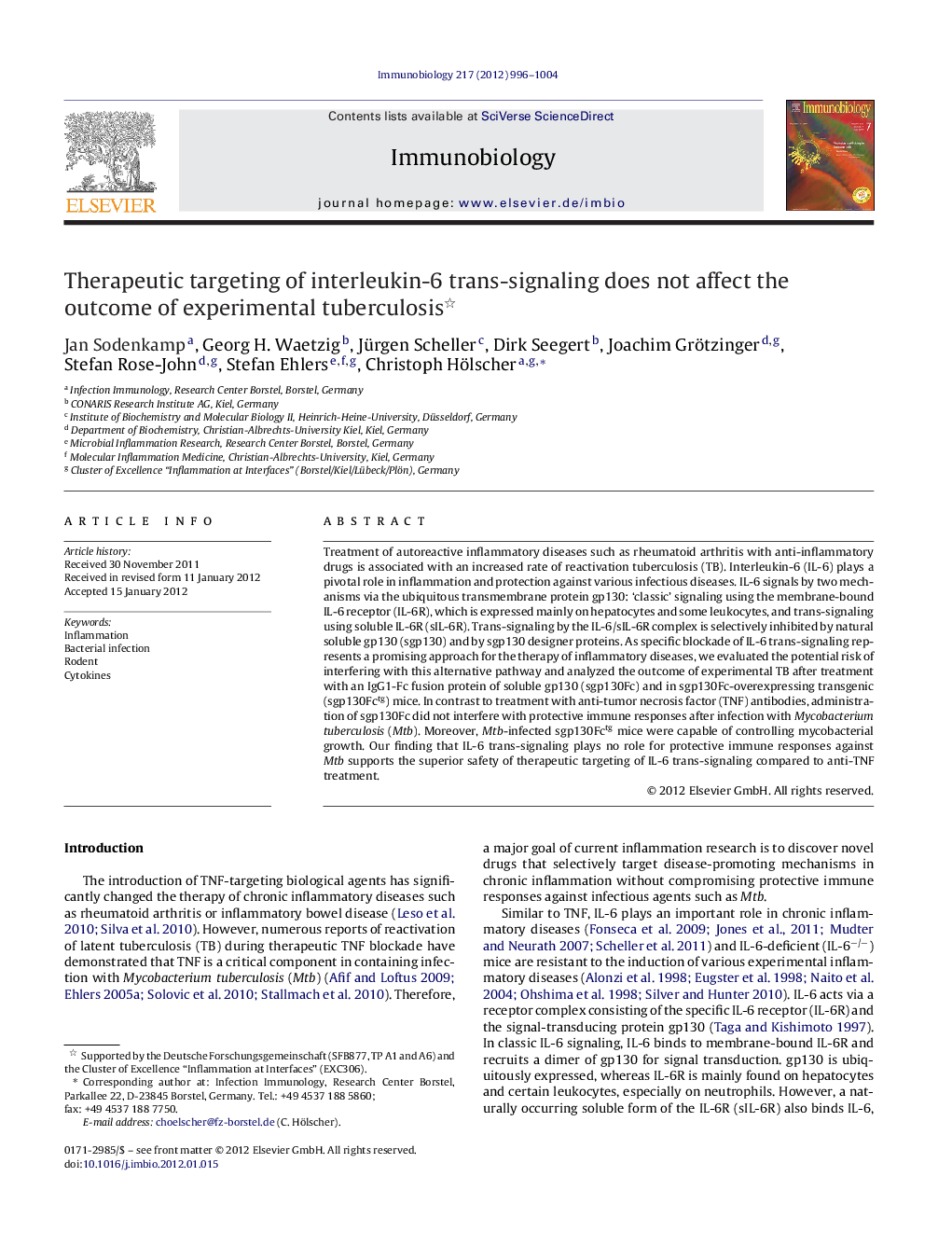 Therapeutic targeting of interleukin-6 trans-signaling does not affect the outcome of experimental tuberculosis 