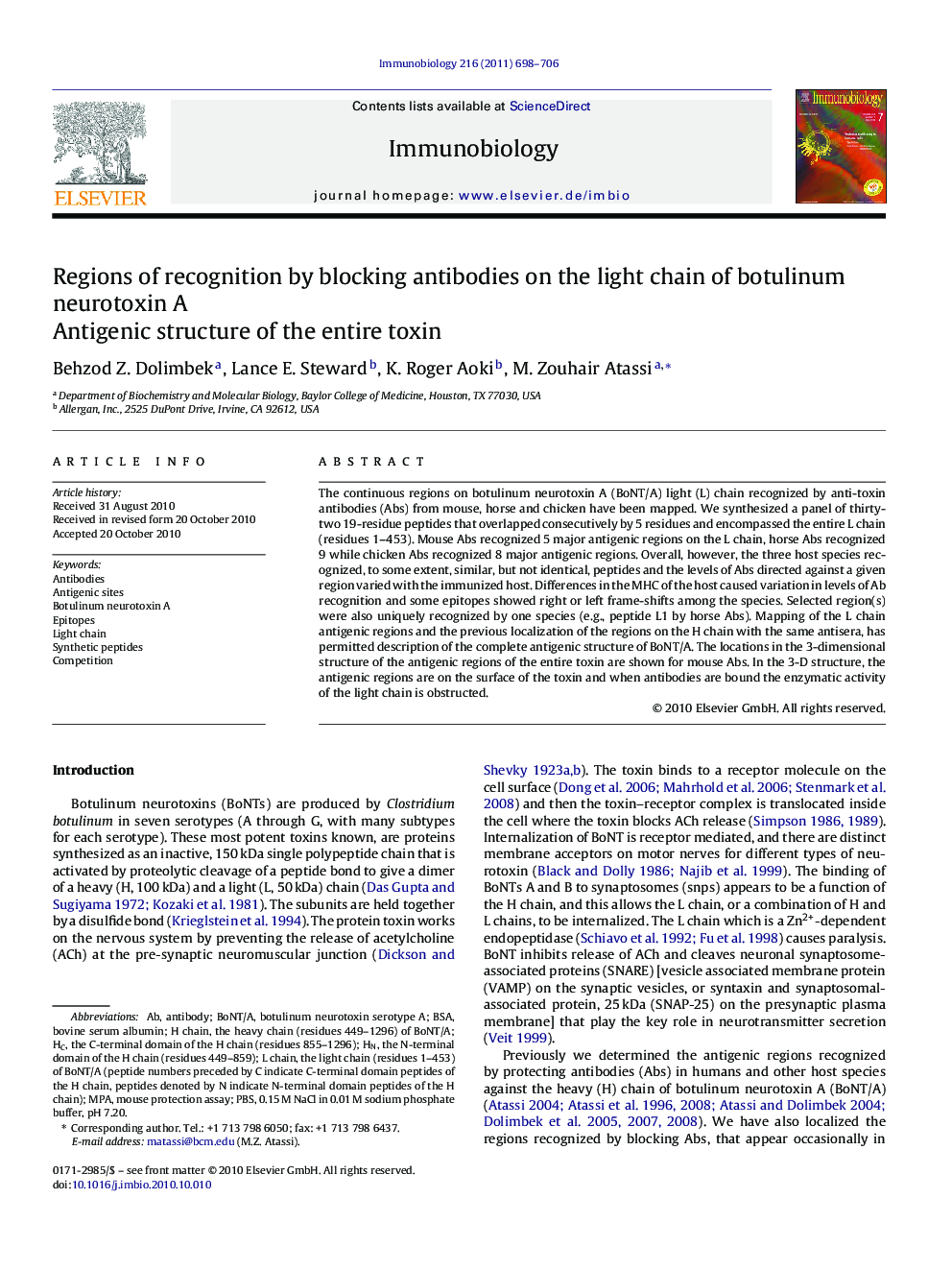 Regions of recognition by blocking antibodies on the light chain of botulinum neurotoxin A: Antigenic structure of the entire toxin