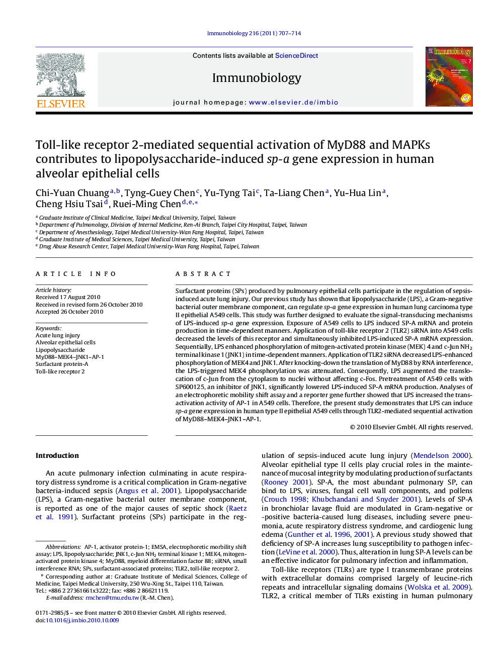 Toll-like receptor 2-mediated sequential activation of MyD88 and MAPKs contributes to lipopolysaccharide-induced sp-a gene expression in human alveolar epithelial cells