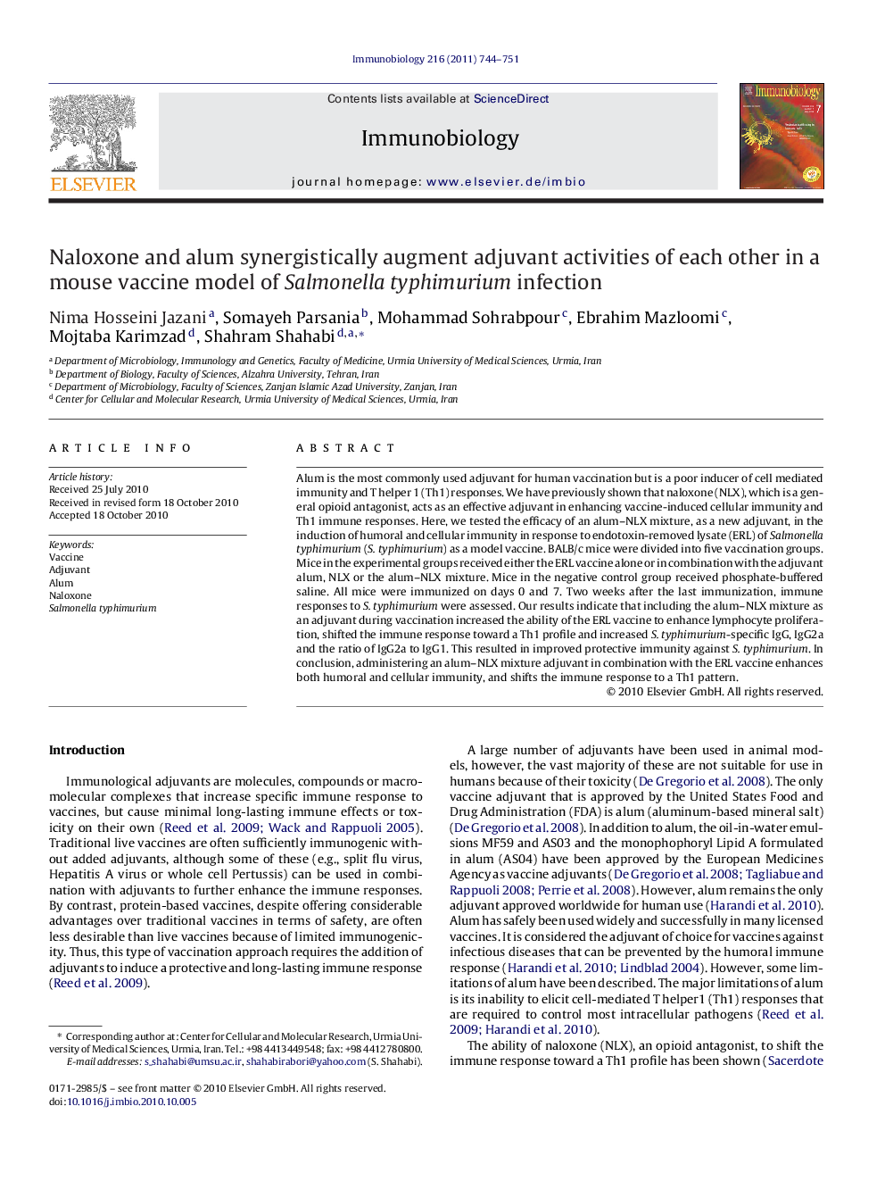 Naloxone and alum synergistically augment adjuvant activities of each other in a mouse vaccine model of Salmonella typhimurium infection