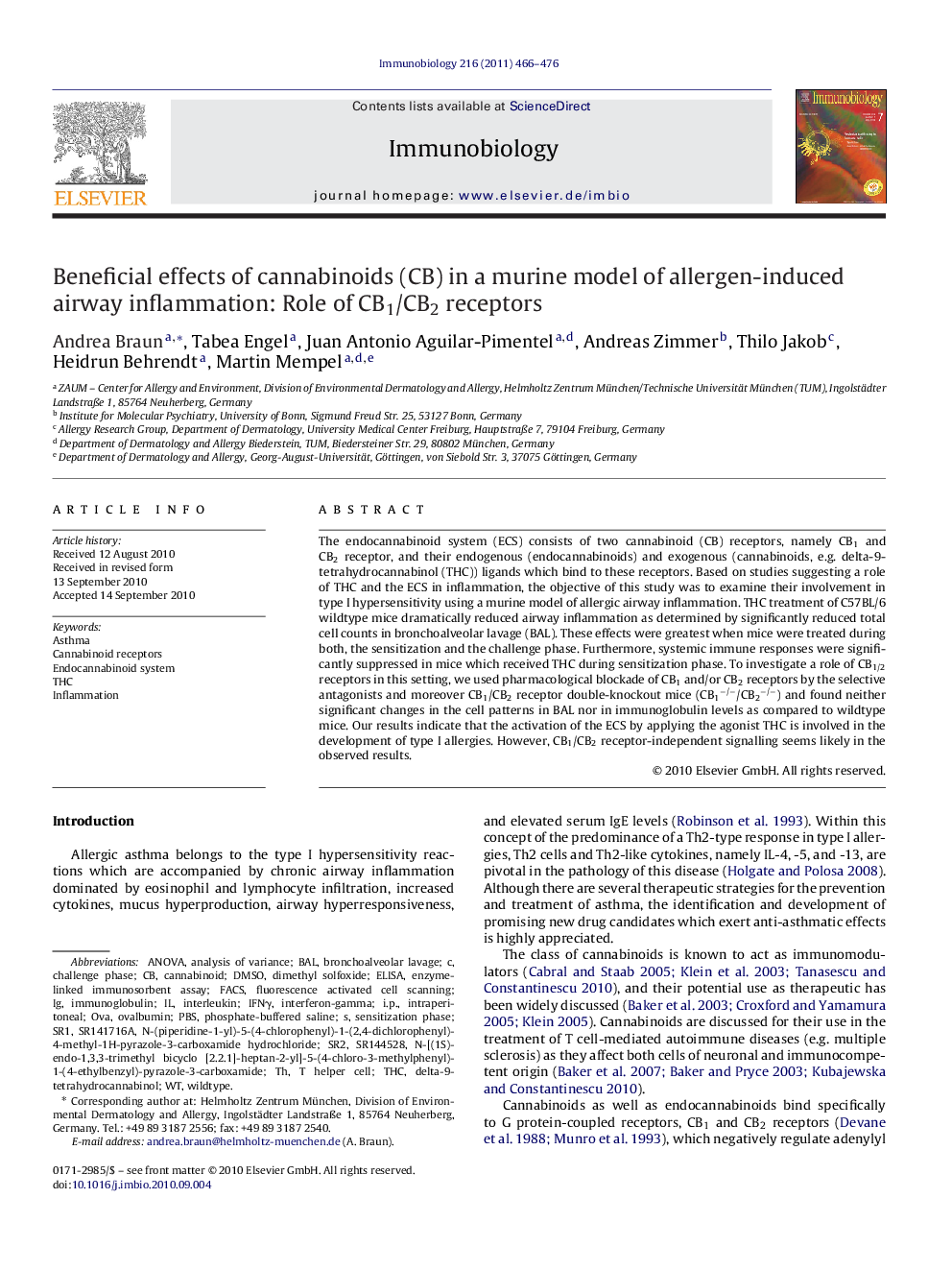 Beneficial effects of cannabinoids (CB) in a murine model of allergen-induced airway inflammation: Role of CB1/CB2 receptors