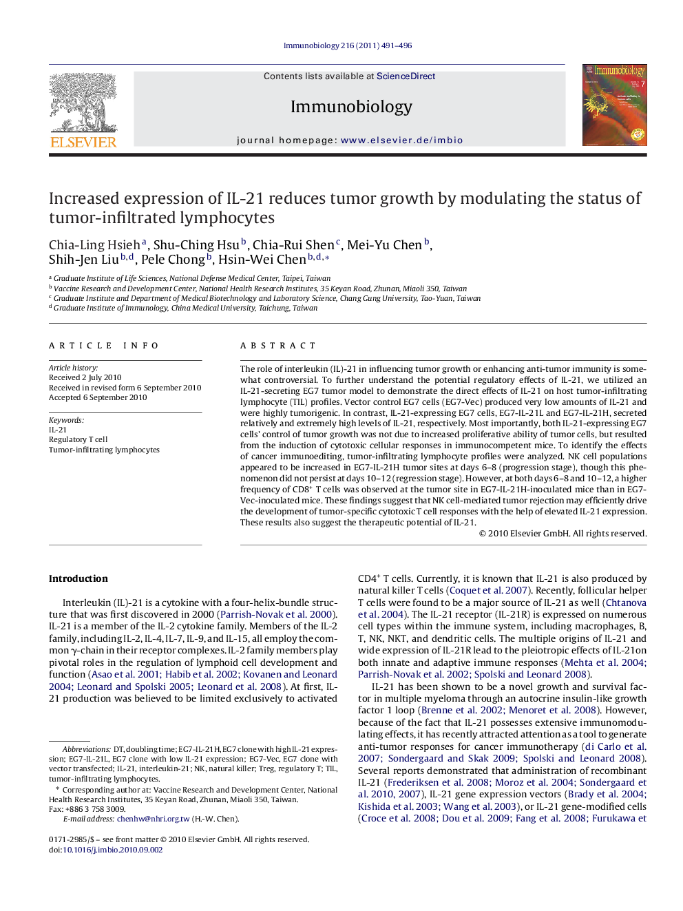 Increased expression of IL-21 reduces tumor growth by modulating the status of tumor-infiltrated lymphocytes