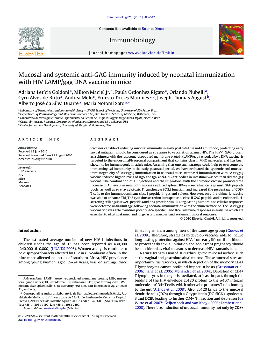 Mucosal and systemic anti-GAG immunity induced by neonatal immunization with HIV LAMP/gag DNA vaccine in mice