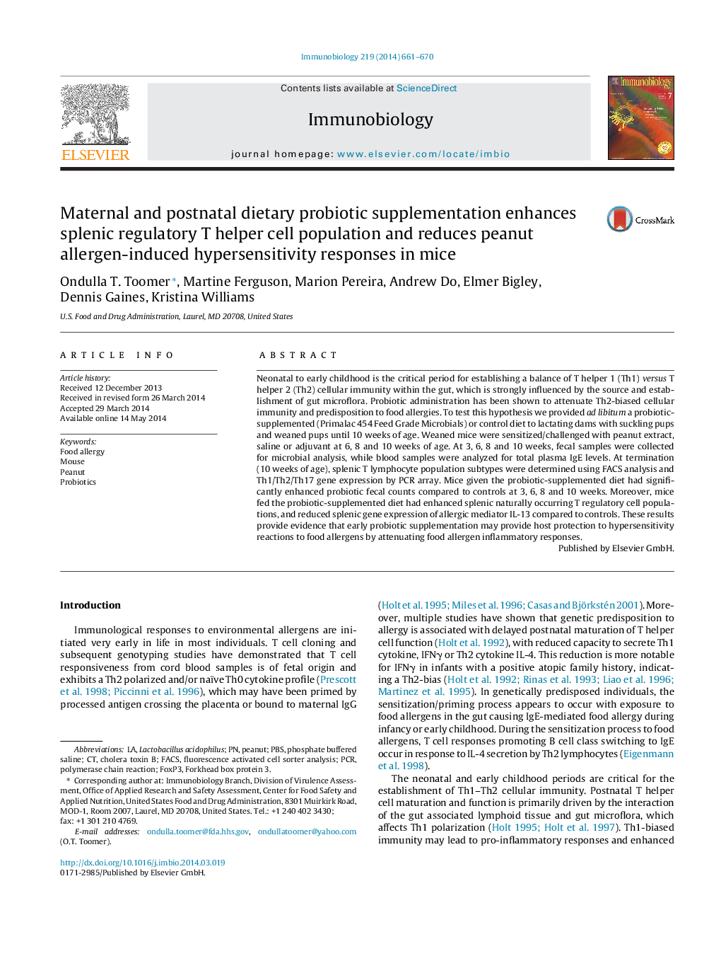 Maternal and postnatal dietary probiotic supplementation enhances splenic regulatory T helper cell population and reduces peanut allergen-induced hypersensitivity responses in mice