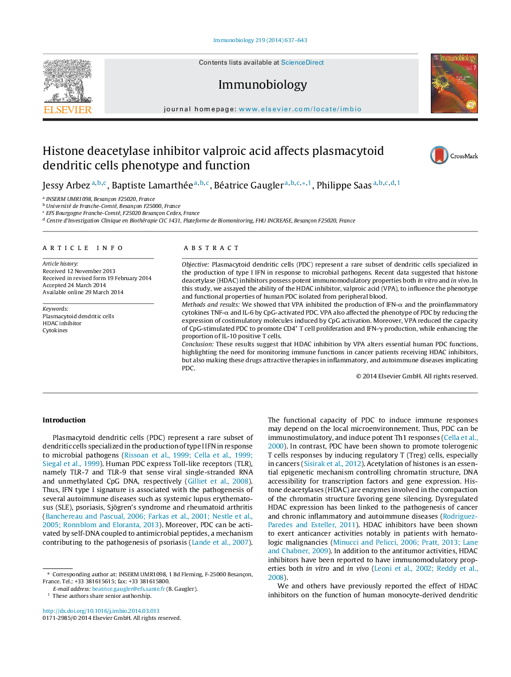 Histone deacetylase inhibitor valproic acid affects plasmacytoid dendritic cells phenotype and function