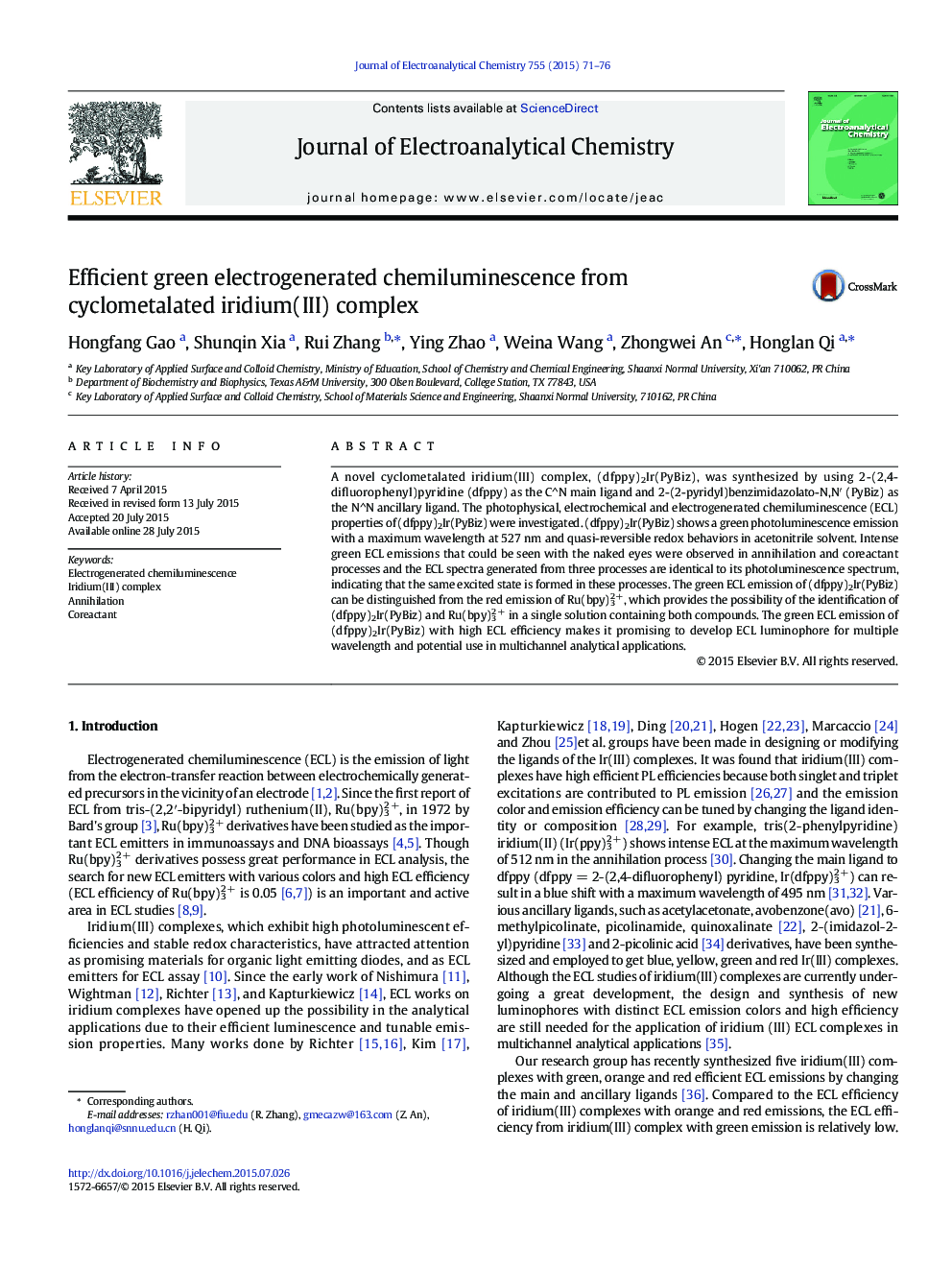 Efficient green electrogenerated chemiluminescence from cyclometalated iridium(III) complex