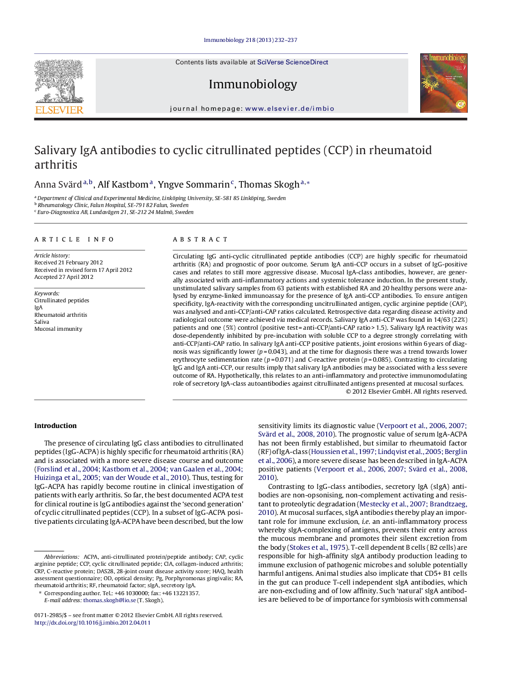 Salivary IgA antibodies to cyclic citrullinated peptides (CCP) in rheumatoid arthritis