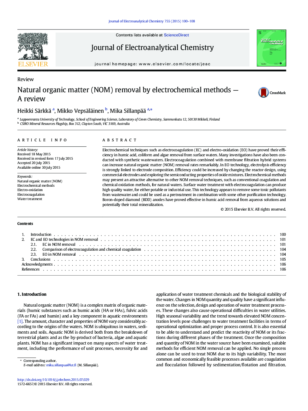 Natural organic matter (NOM) removal by electrochemical methods — A review