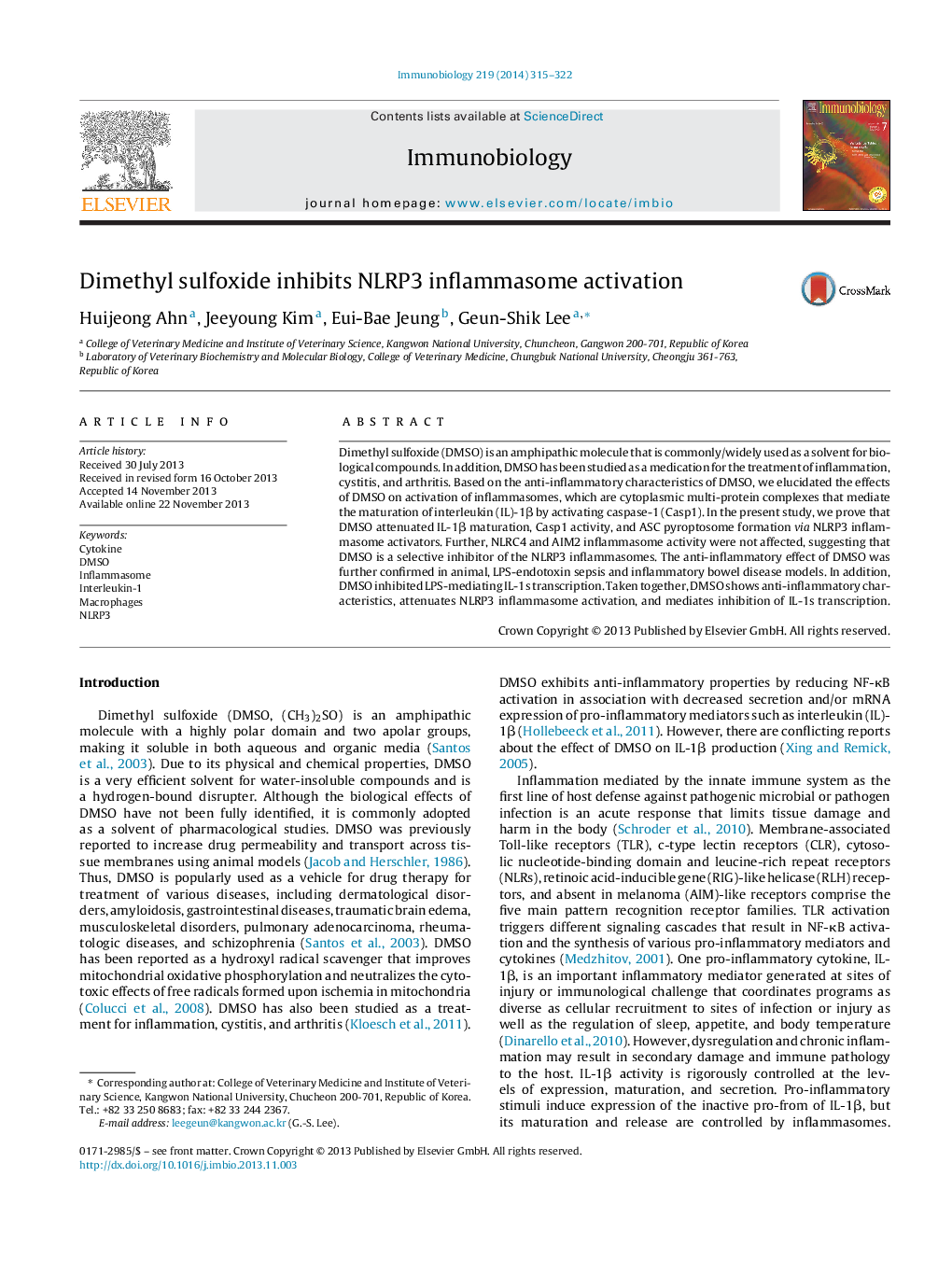 Dimethyl sulfoxide inhibits NLRP3 inflammasome activation