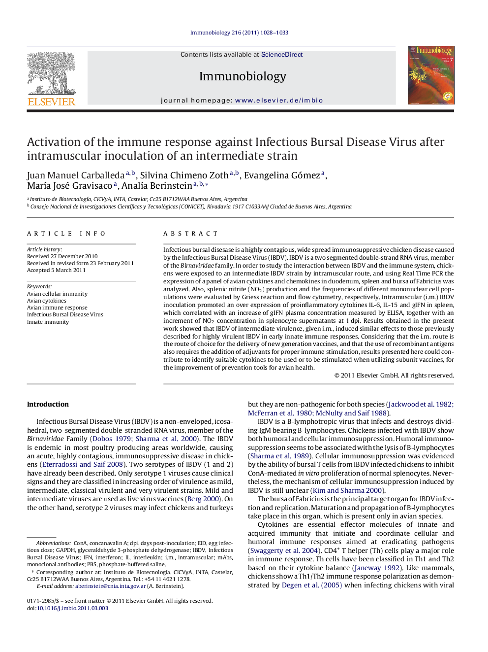 Activation of the immune response against Infectious Bursal Disease Virus after intramuscular inoculation of an intermediate strain