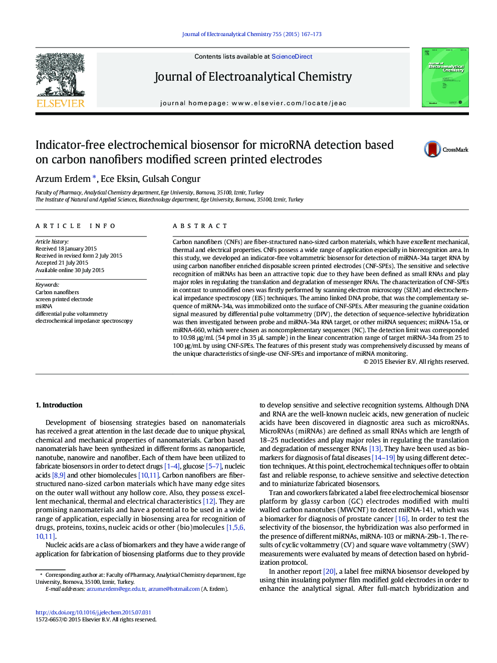 Indicator-free electrochemical biosensor for microRNA detection based on carbon nanofibers modified screen printed electrodes