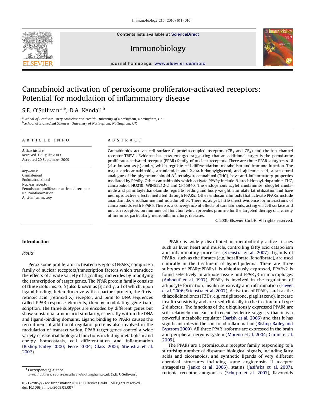 Cannabinoid activation of peroxisome proliferator-activated receptors: Potential for modulation of inflammatory disease