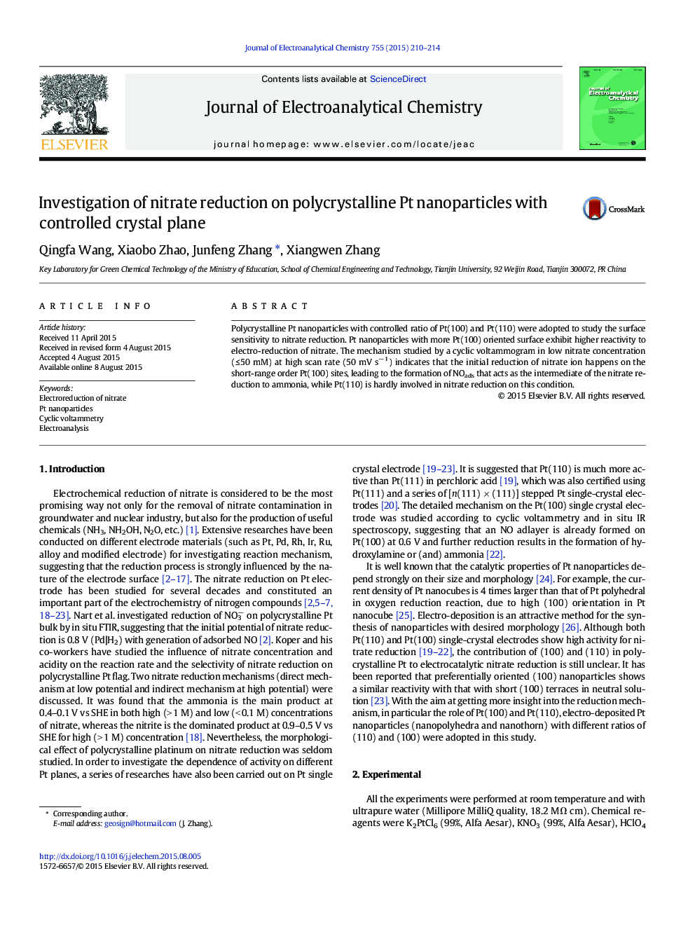 Investigation of nitrate reduction on polycrystalline Pt nanoparticles with controlled crystal plane