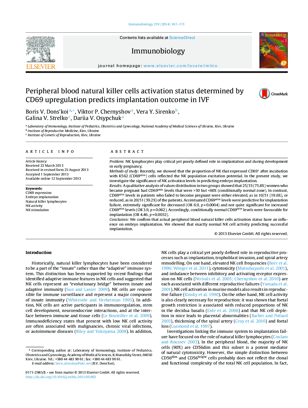 Peripheral blood natural killer cells activation status determined by CD69 upregulation predicts implantation outcome in IVF