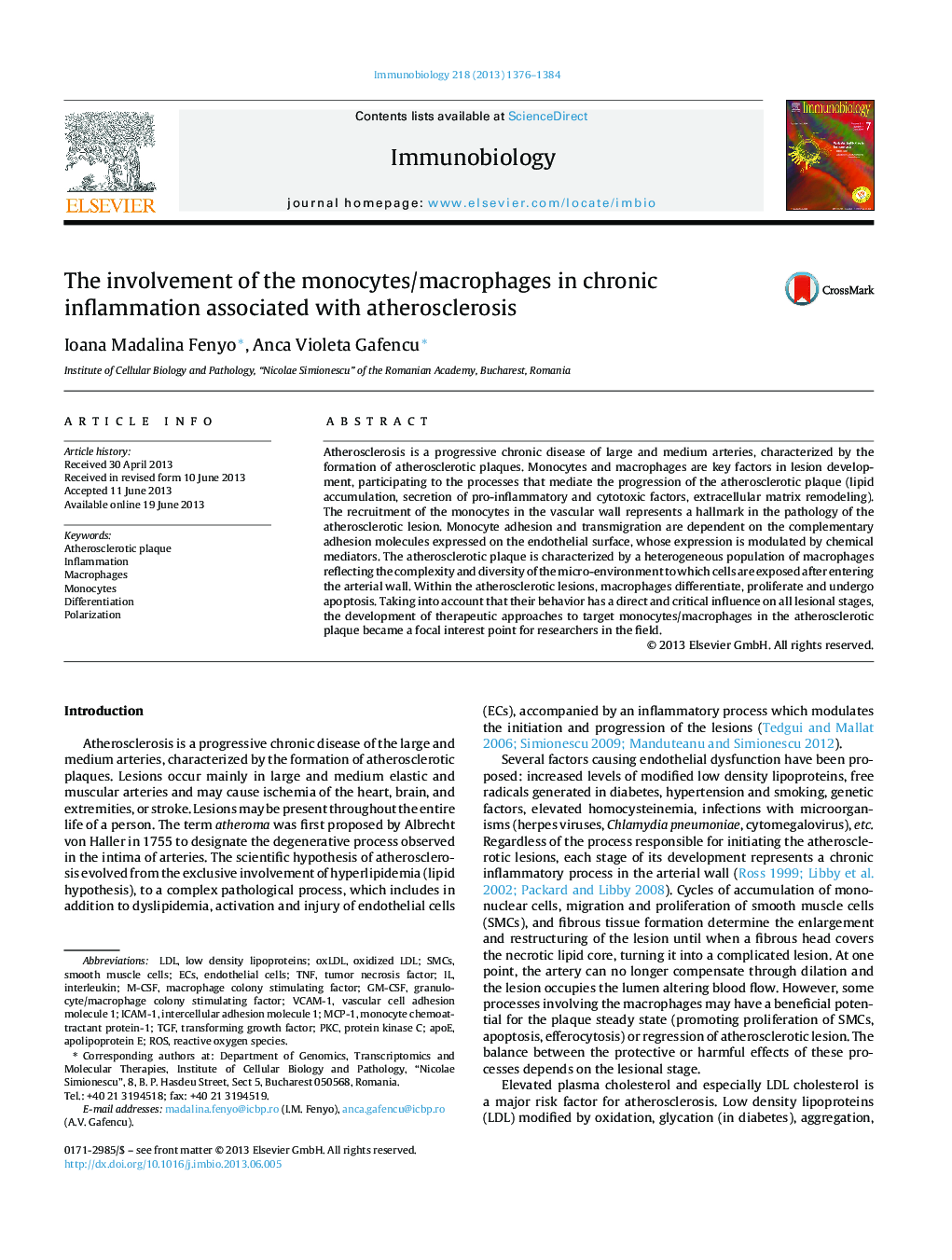 The involvement of the monocytes/macrophages in chronic inflammation associated with atherosclerosis