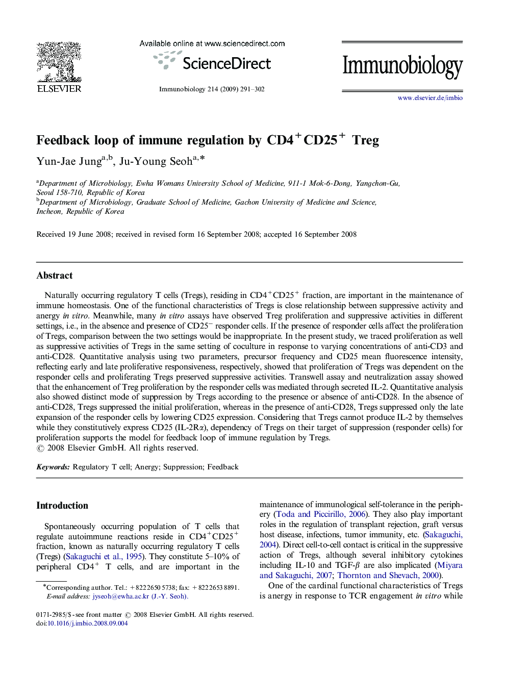 Feedback loop of immune regulation by CD4+CD25+ Treg