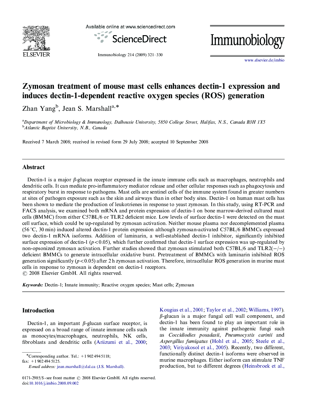 Zymosan treatment of mouse mast cells enhances dectin-1 expression and induces dectin-1-dependent reactive oxygen species (ROS) generation