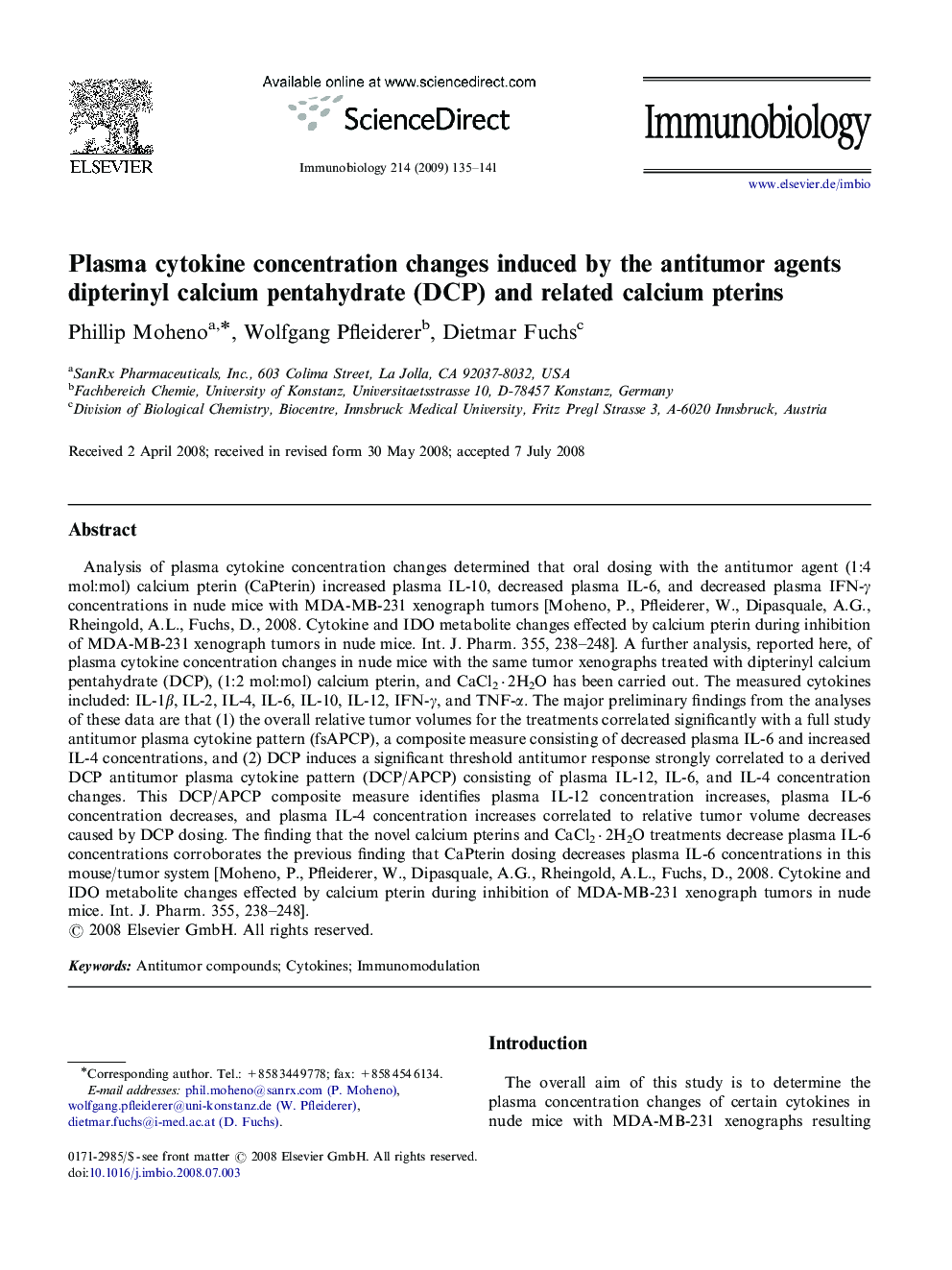 Plasma cytokine concentration changes induced by the antitumor agents dipterinyl calcium pentahydrate (DCP) and related calcium pterins