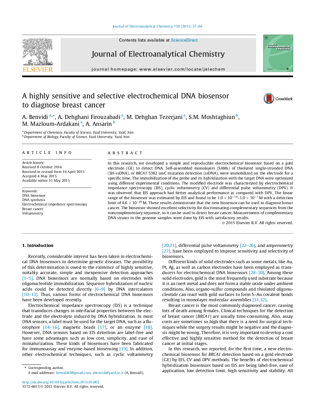 A highly sensitive and selective electrochemical DNA biosensor to diagnose breast cancer