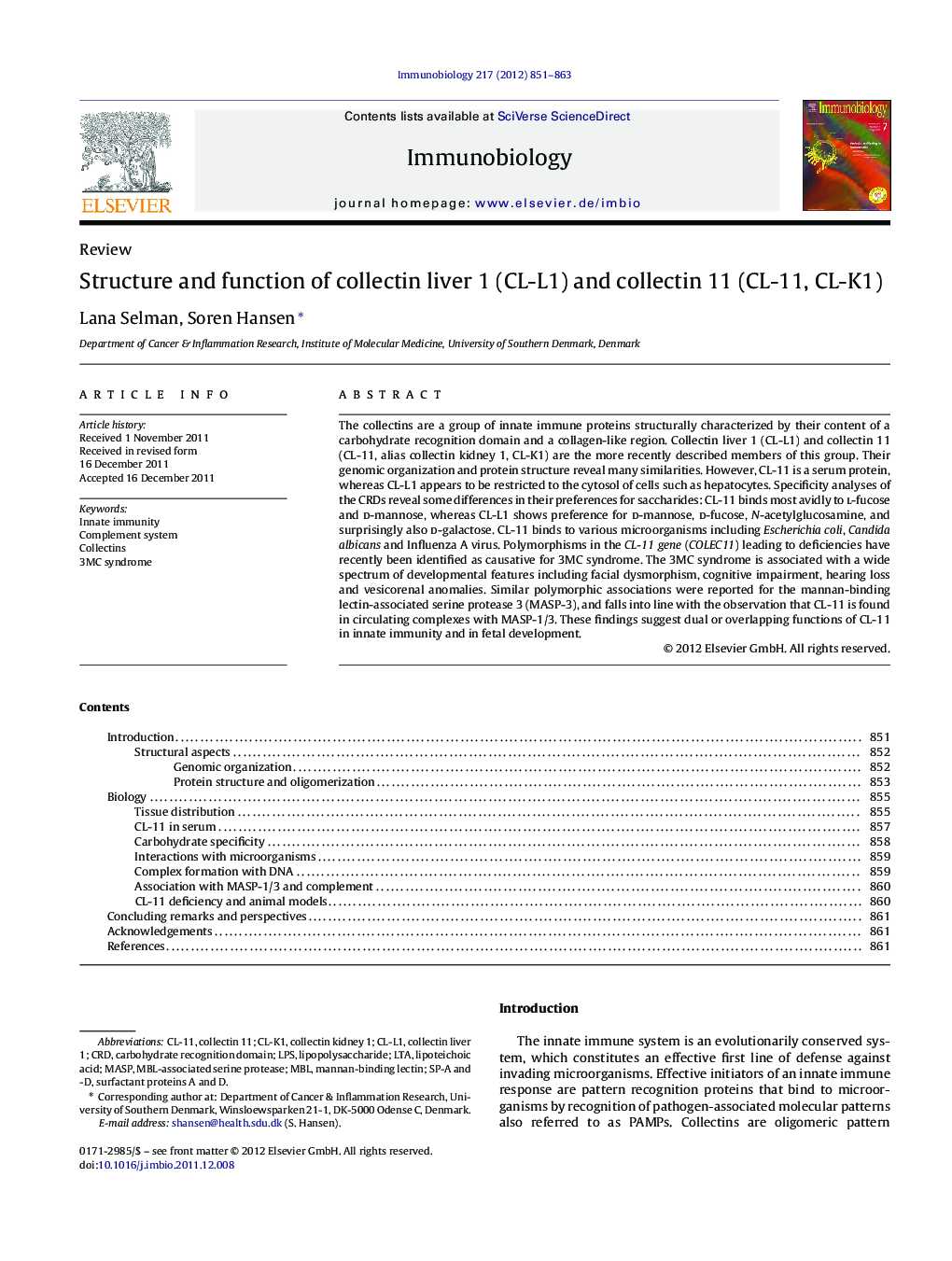 Structure and function of collectin liver 1 (CL-L1) and collectin 11 (CL-11, CL-K1)