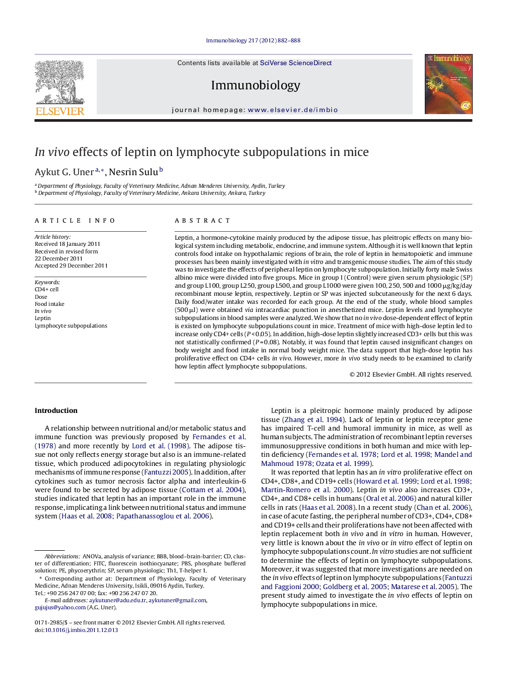 In vivo effects of leptin on lymphocyte subpopulations in mice