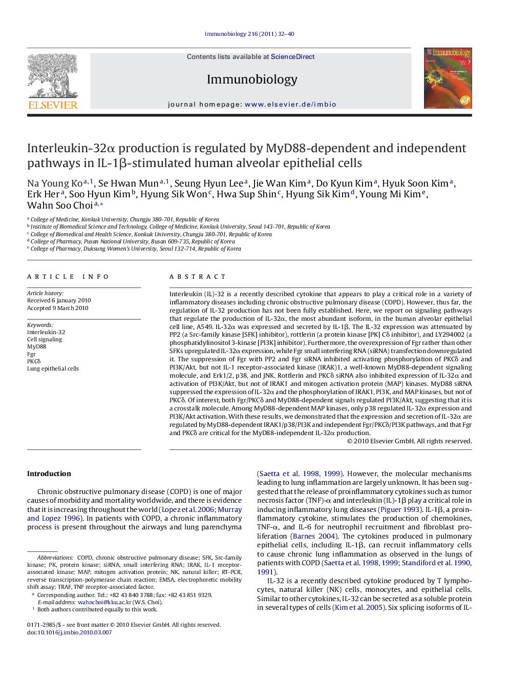 Interleukin-32α production is regulated by MyD88-dependent and independent pathways in IL-1β-stimulated human alveolar epithelial cells