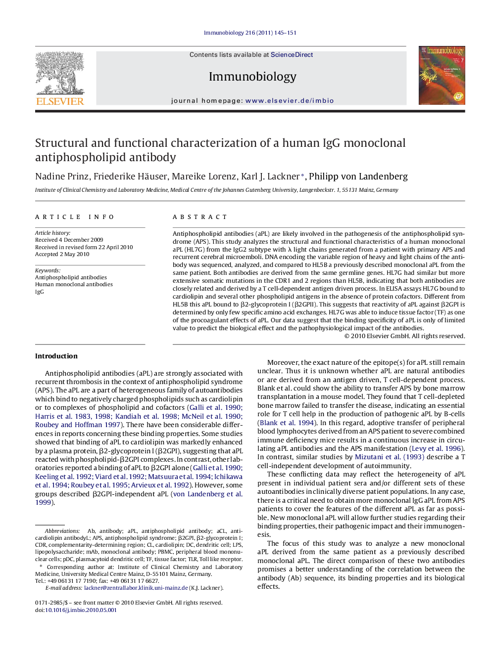 عکس صفحه اول مقاله: Structural and functional characterization of a human IgG monoclonal antiphospholipid antibody Structural and functional characterization of a human IgG monoclonal antiphospholipid antibody