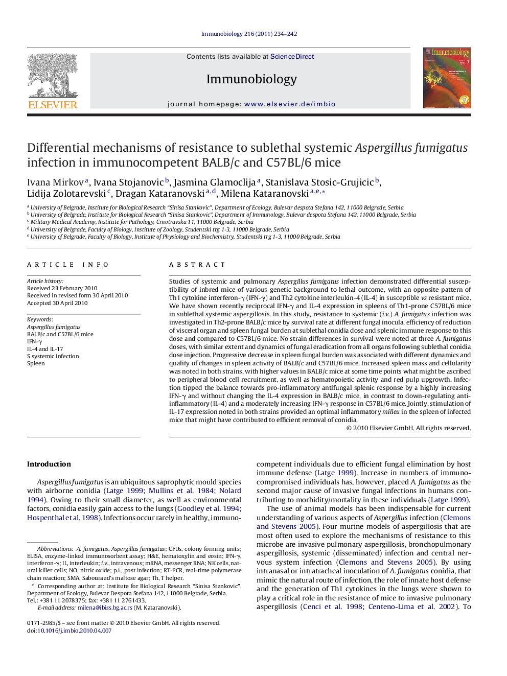 Differential mechanisms of resistance to sublethal systemic Aspergillus fumigatus infection in immunocompetent BALB/c and C57BL/6 mice