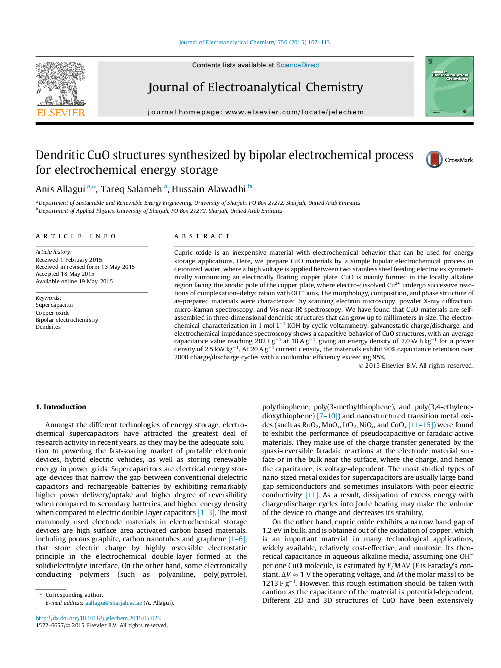 Dendritic CuO structures synthesized by bipolar electrochemical process for electrochemical energy storage