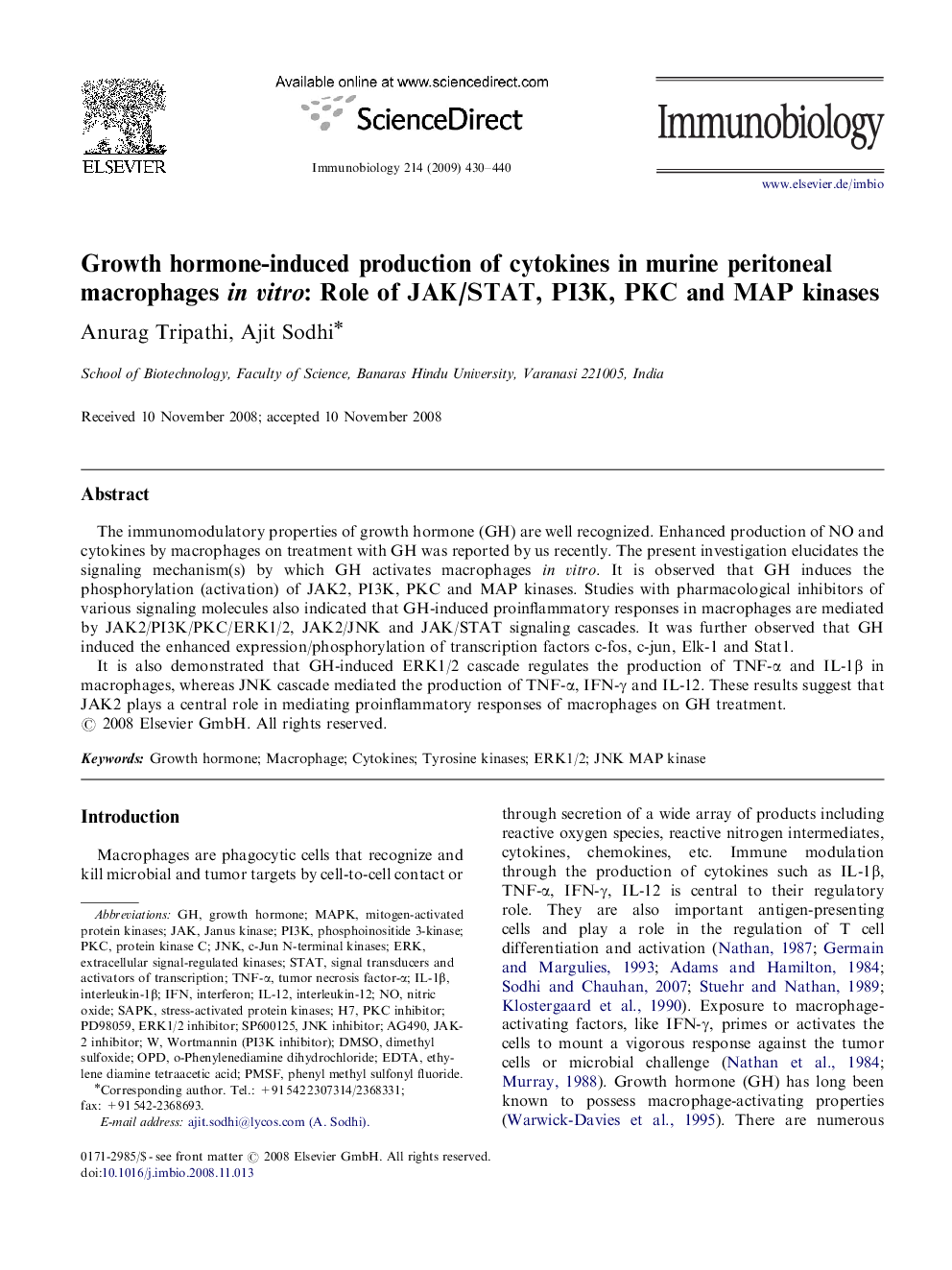 Growth hormone-induced production of cytokines in murine peritoneal macrophages in vitro: Role of JAK/STAT, PI3K, PKC and MAP kinases