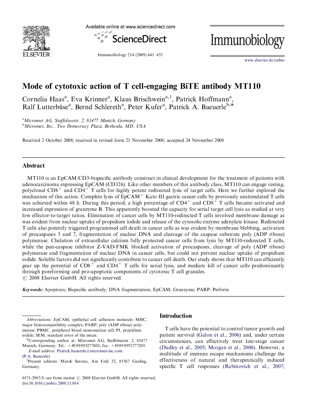 Mode of cytotoxic action of T cell-engaging BiTE antibody MT110