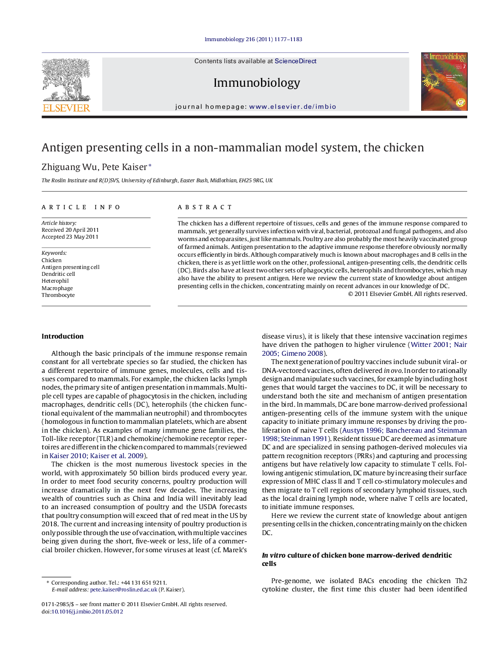 Antigen presenting cells in a non-mammalian model system, the chicken