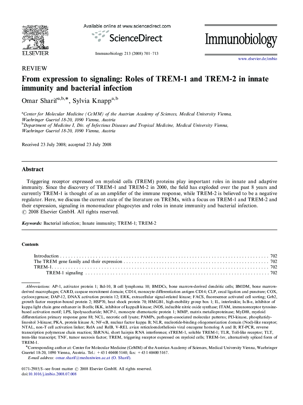 From expression to signaling: Roles of TREM-1 and TREM-2 in innate immunity and bacterial infection