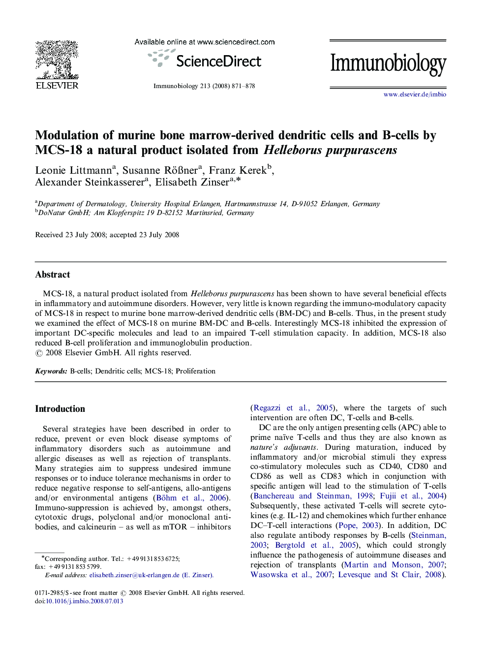 Modulation of murine bone marrow-derived dendritic cells and B-cells by MCS-18 a natural product isolated from Helleborus purpurascens