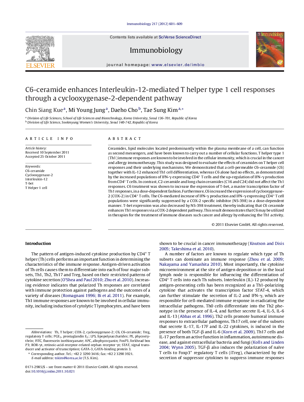 C6-ceramide enhances Interleukin-12-mediated T helper type 1 cell responses through a cyclooxygenase-2-dependent pathway