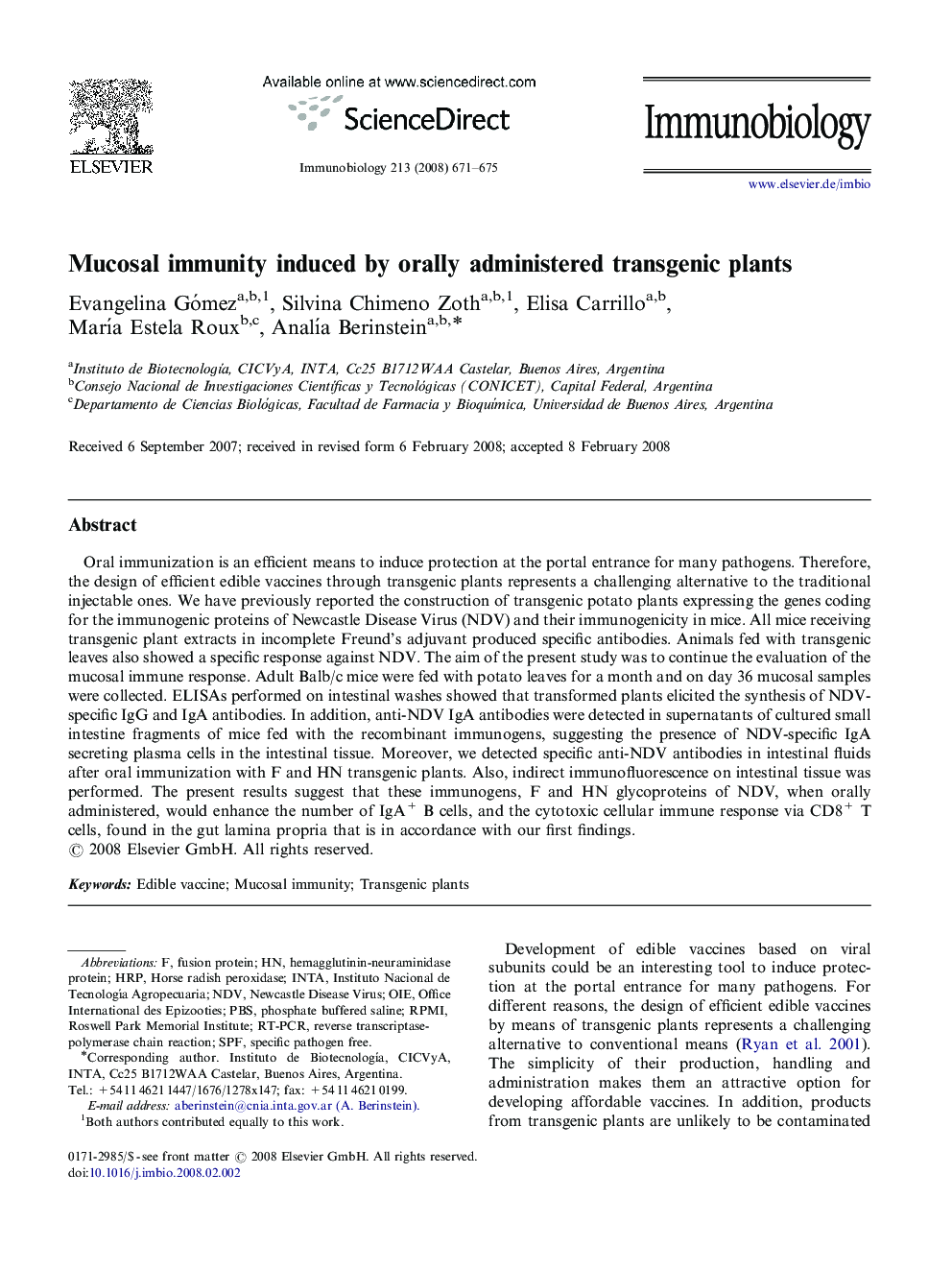 Mucosal immunity induced by orally administered transgenic plants