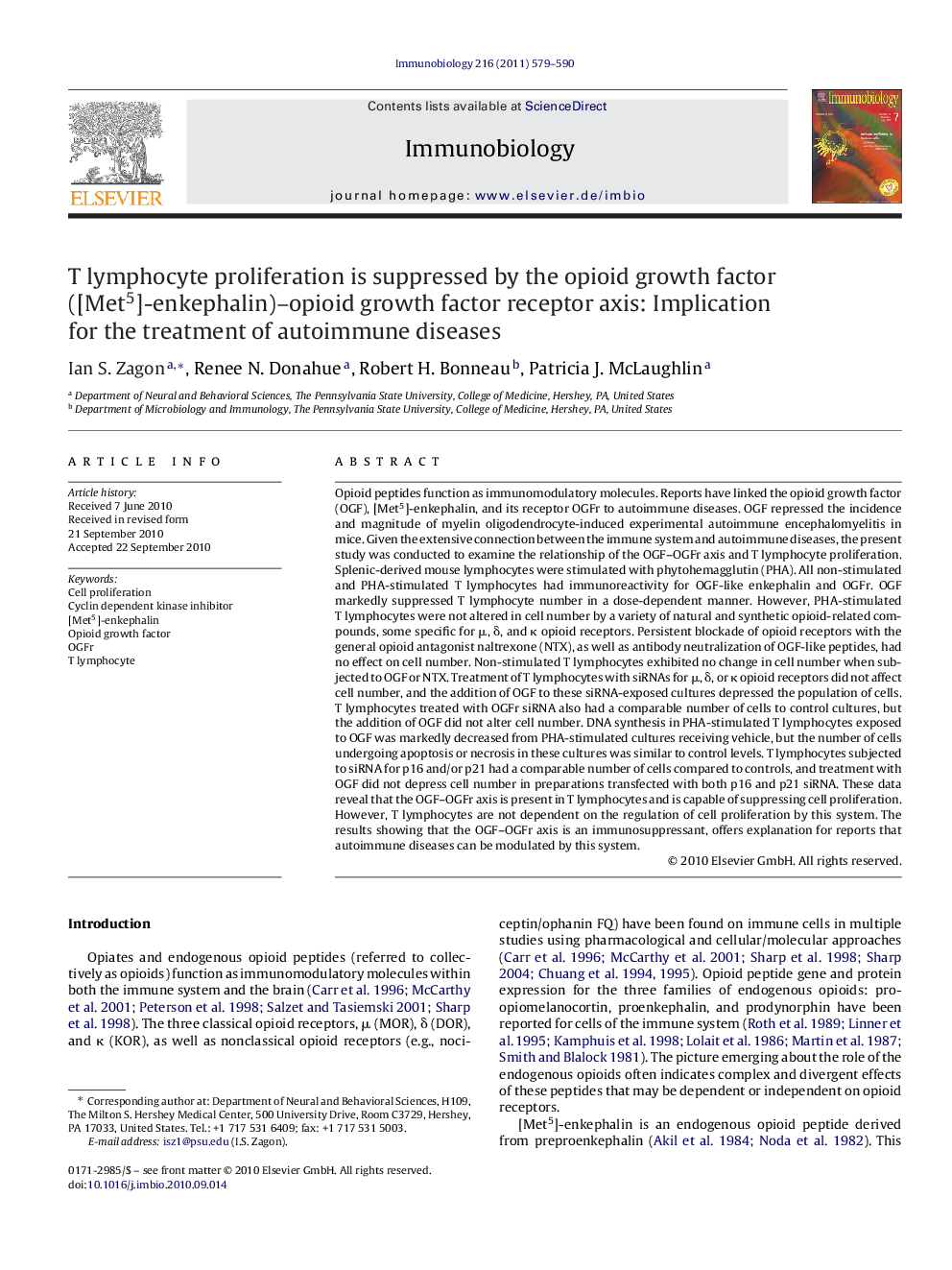 T lymphocyte proliferation is suppressed by the opioid growth factor ([Met5]-enkephalin)–opioid growth factor receptor axis: Implication for the treatment of autoimmune diseases