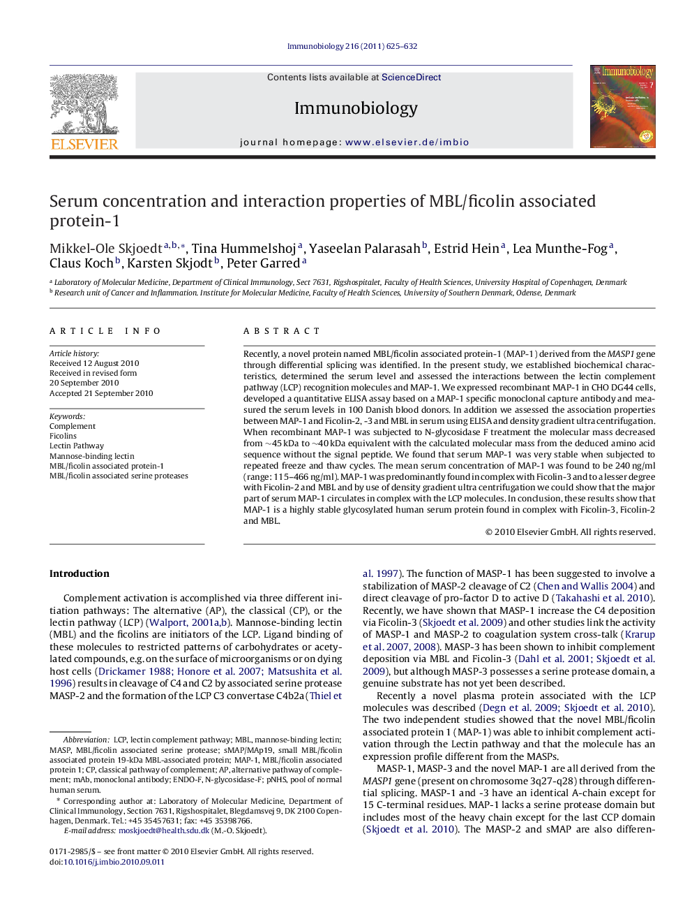 Serum concentration and interaction properties of MBL/ficolin associated protein-1