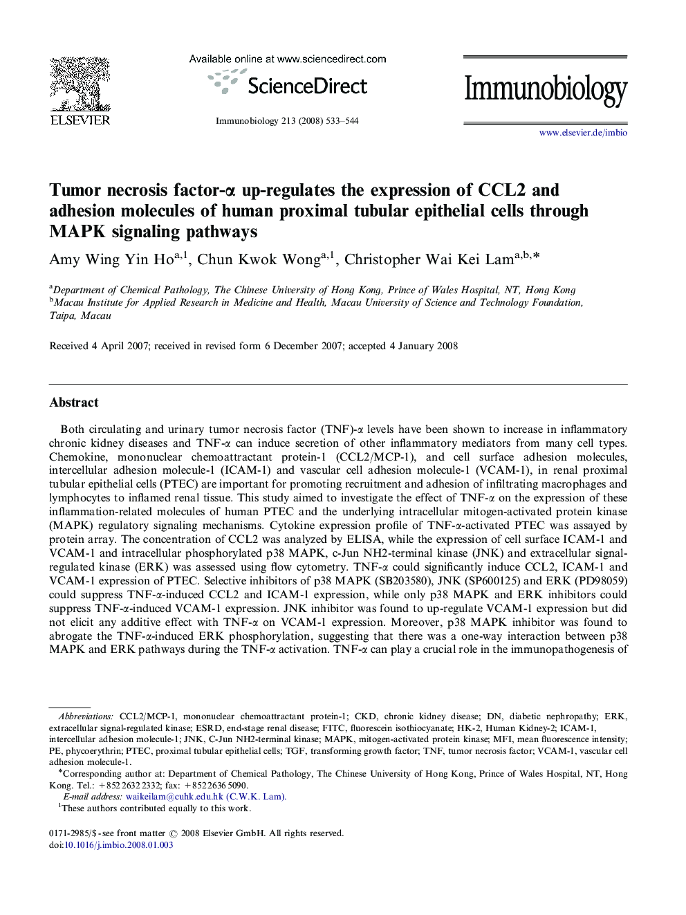 Tumor necrosis factor-α up-regulates the expression of CCL2 and adhesion molecules of human proximal tubular epithelial cells through MAPK signaling pathways